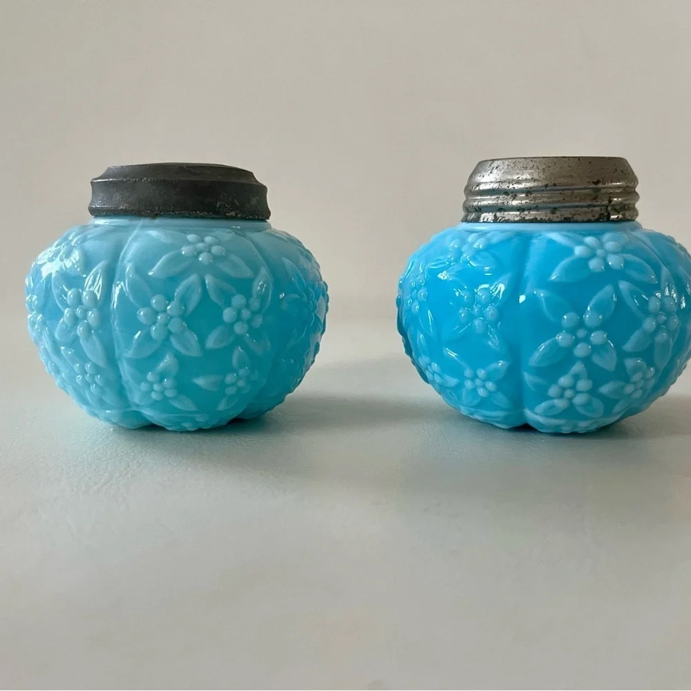 Vintage Blue Glass Floral Salt and Pepper Shakers Set